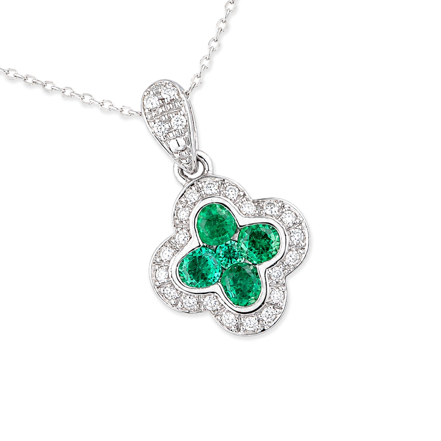 9ct White Gold Emerald and Diamond Quatrefoil Halo Pendant Necklace