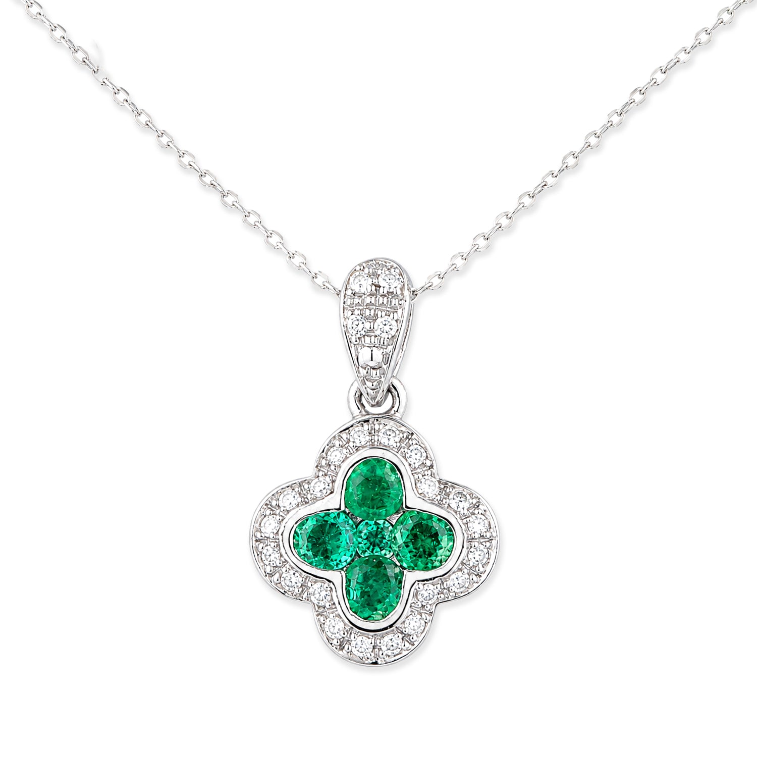 9ct White Gold Emerald and Diamond Quatrefoil Halo Pendant Necklace