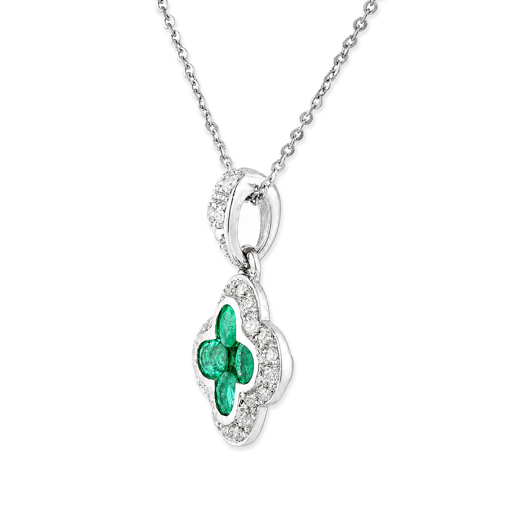 9ct White Gold Emerald and Diamond Quatrefoil Halo Pendant Necklace