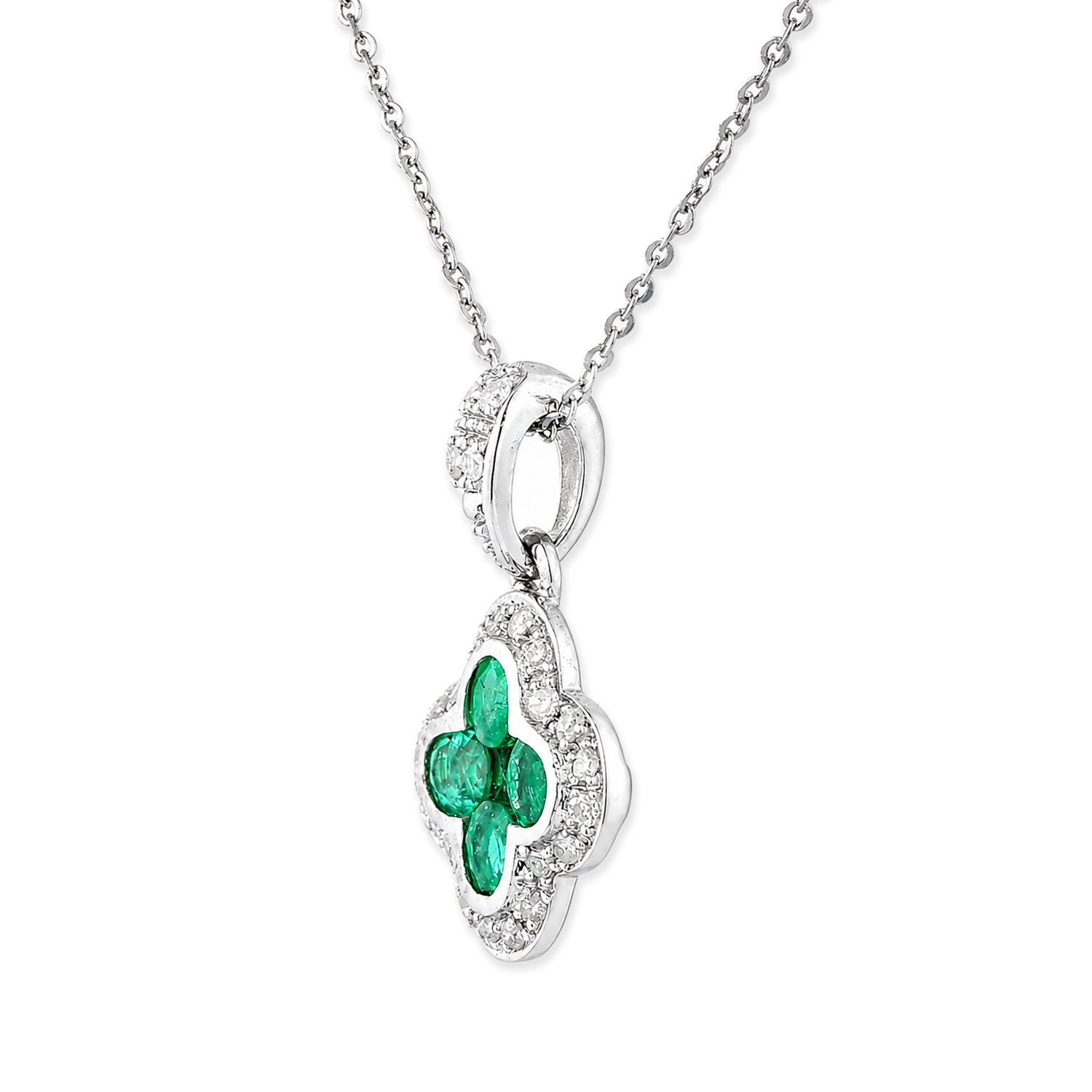 9ct White Gold Emerald and Diamond Quatrefoil Halo Pendant Necklace