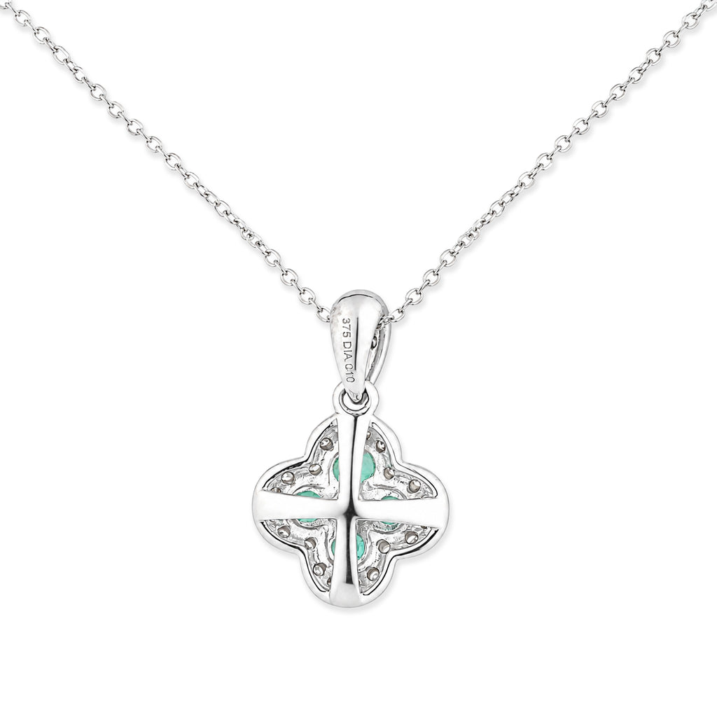 9ct White Gold Emerald and Diamond Quatrefoil Halo Pendant Necklace
