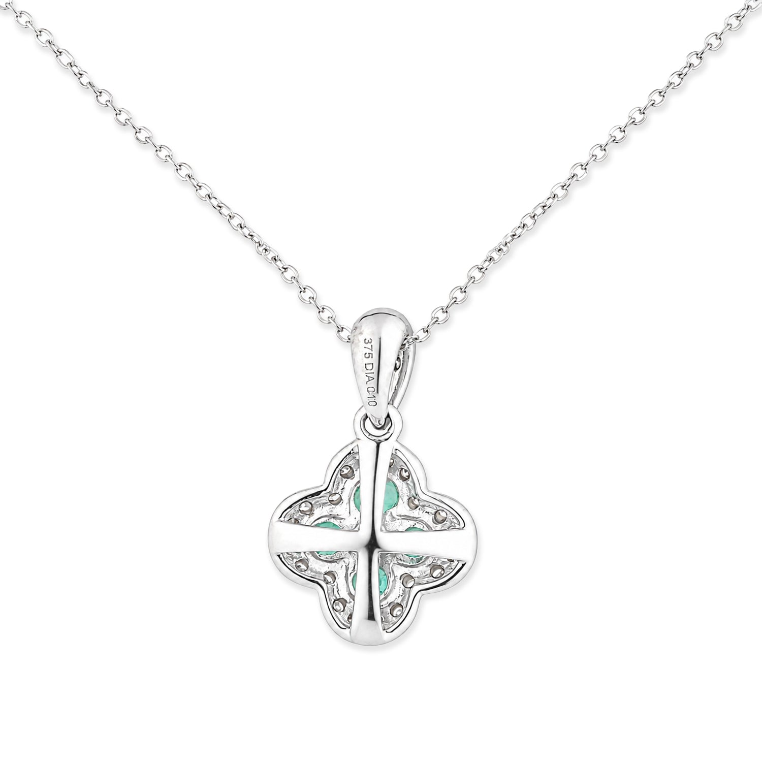 9ct White Gold Emerald and Diamond Quatrefoil Halo Pendant Necklace