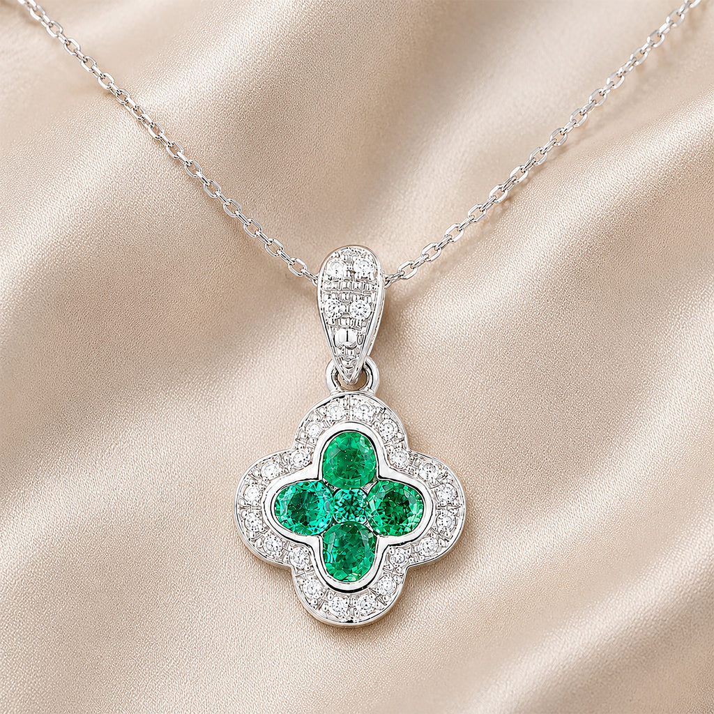 9ct White Gold Emerald and Diamond Quatrefoil Halo Pendant Necklace