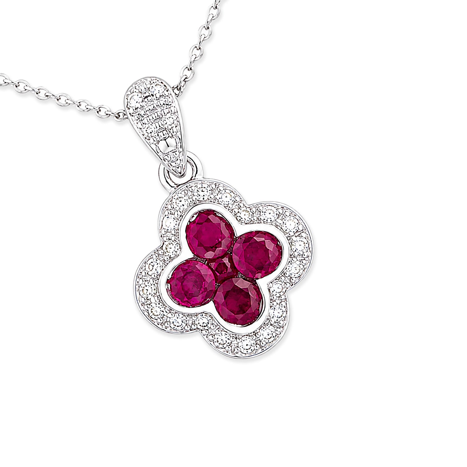 9ct White Gold Ruby and Diamond Quatrefoil Halo Pendant Necklace