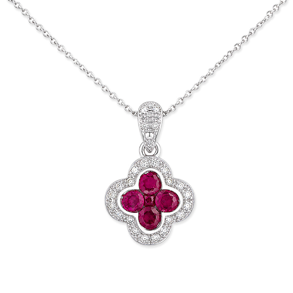 9ct White Gold Ruby and Diamond Quatrefoil Halo Pendant Necklace
