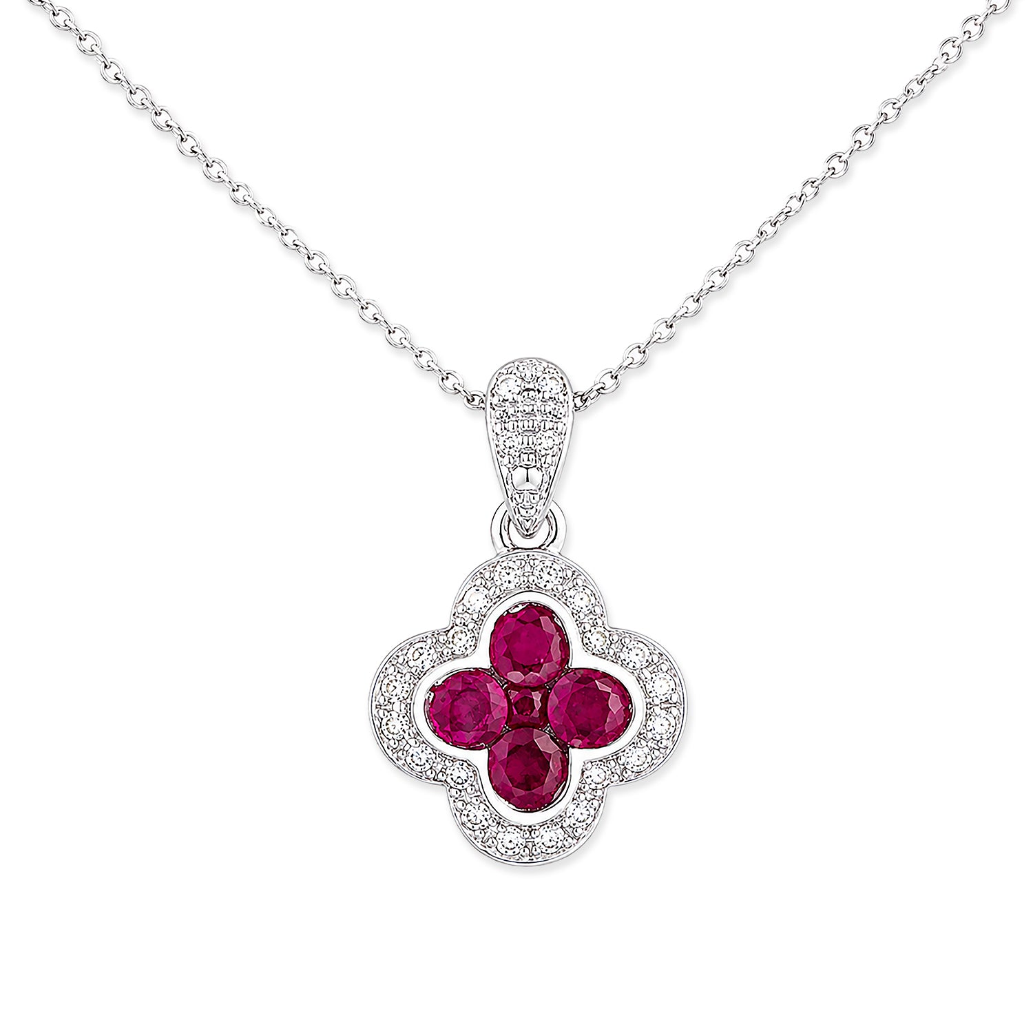 9ct White Gold Ruby and Diamond Quatrefoil Halo Pendant Necklace