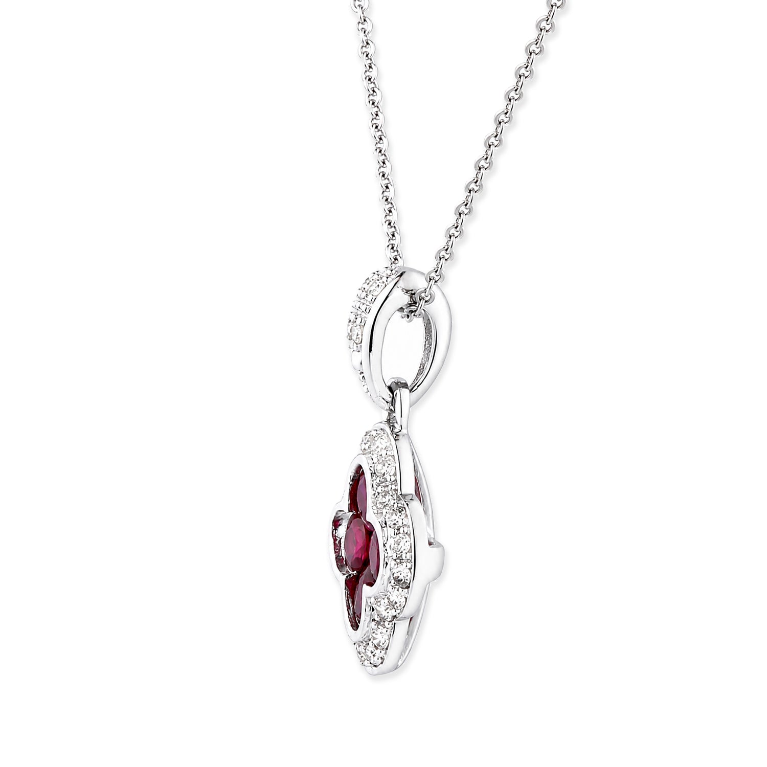9ct White Gold Ruby and Diamond Quatrefoil Halo Pendant Necklace