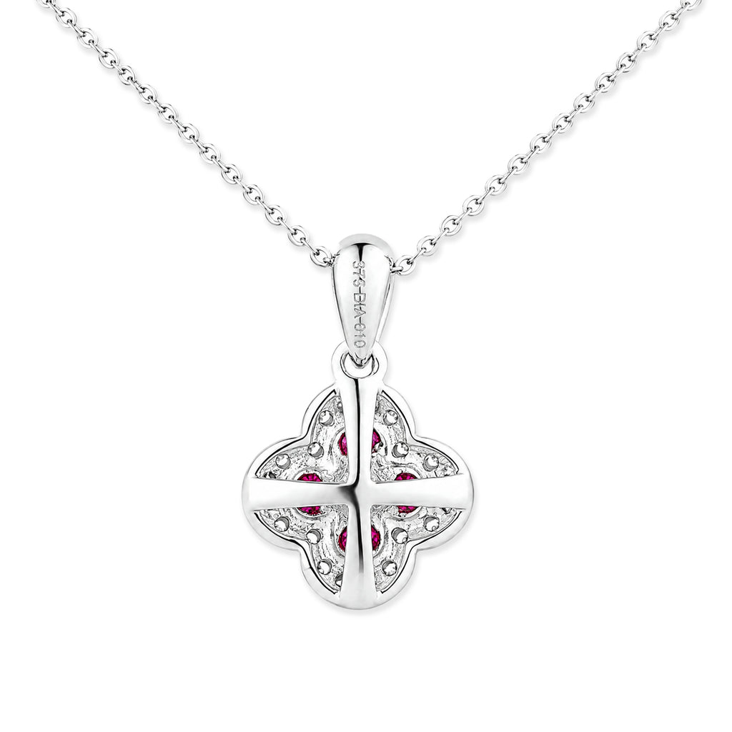 9ct White Gold Ruby and Diamond Quatrefoil Halo Pendant Necklace