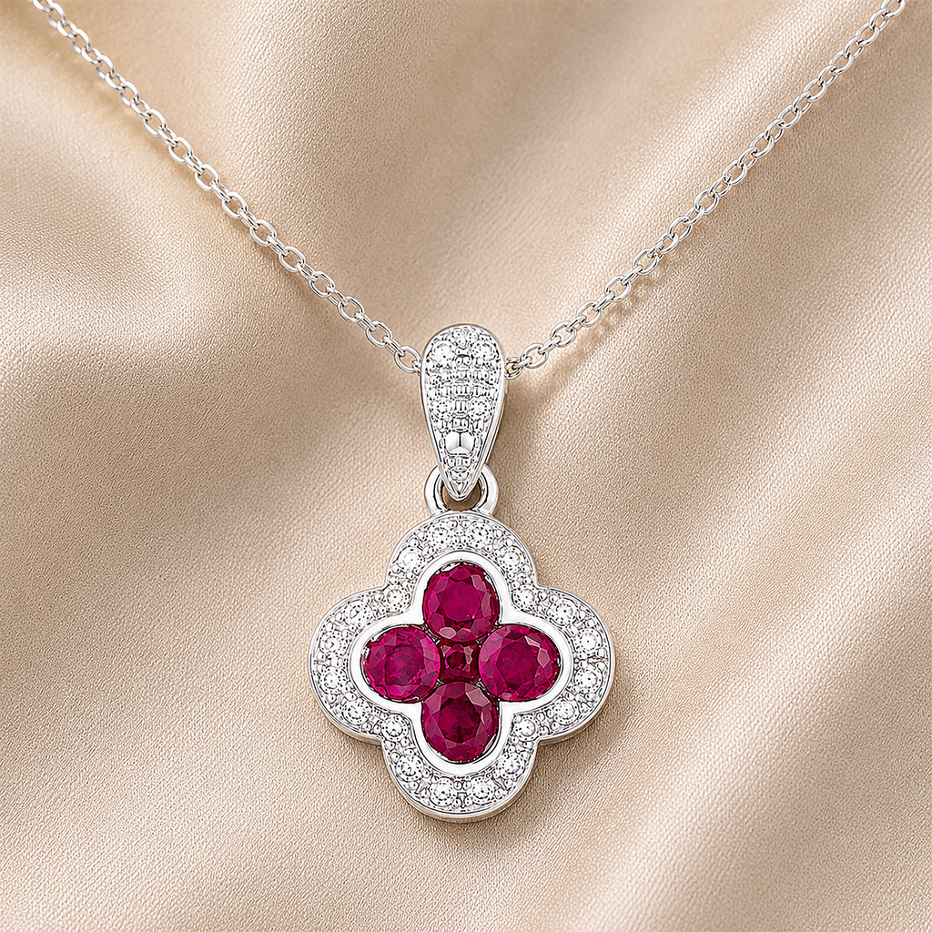 9ct White Gold Ruby and Diamond Quatrefoil Halo Pendant Necklace