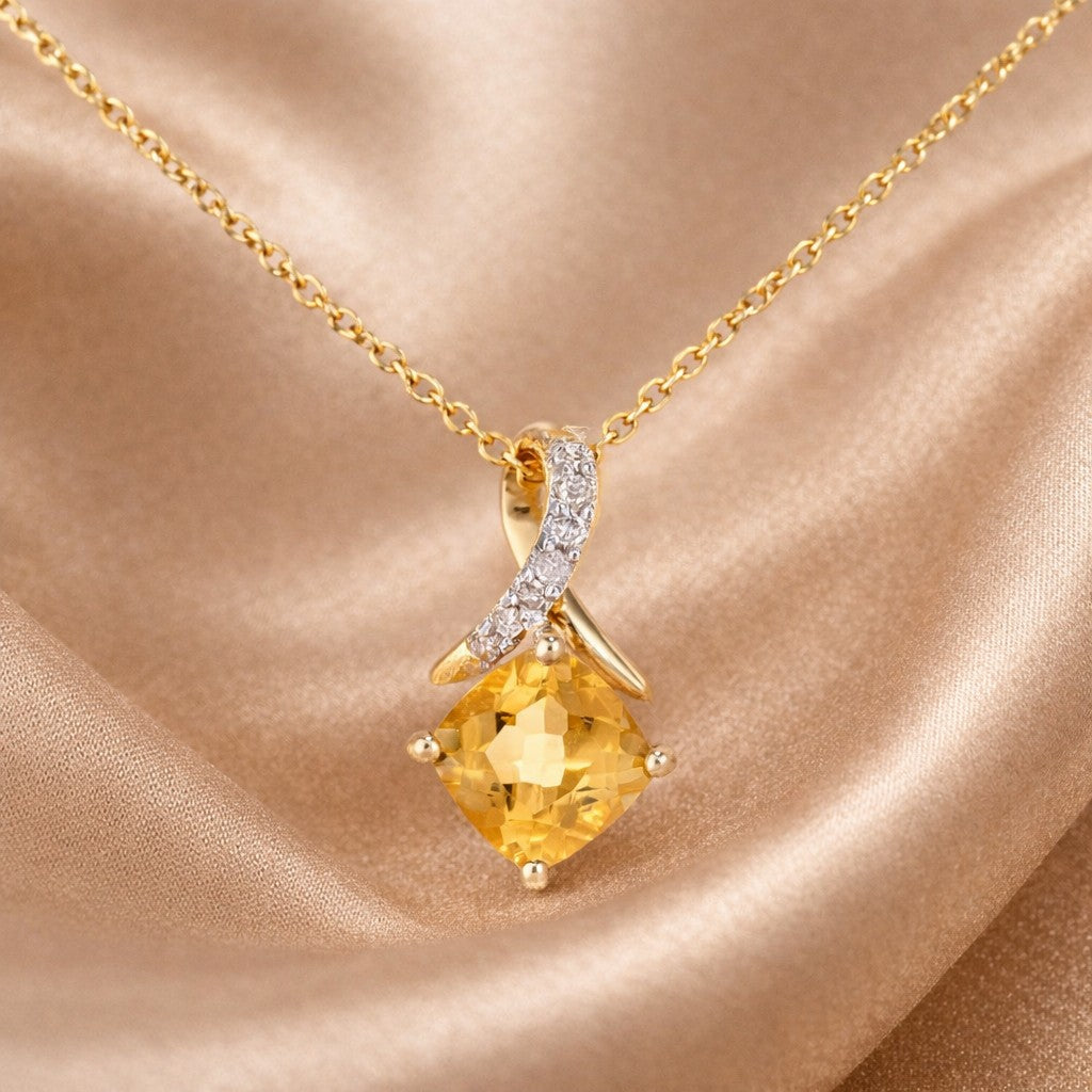 9k White Gold Cushion Citrine and Diamond Solitaire Pendant