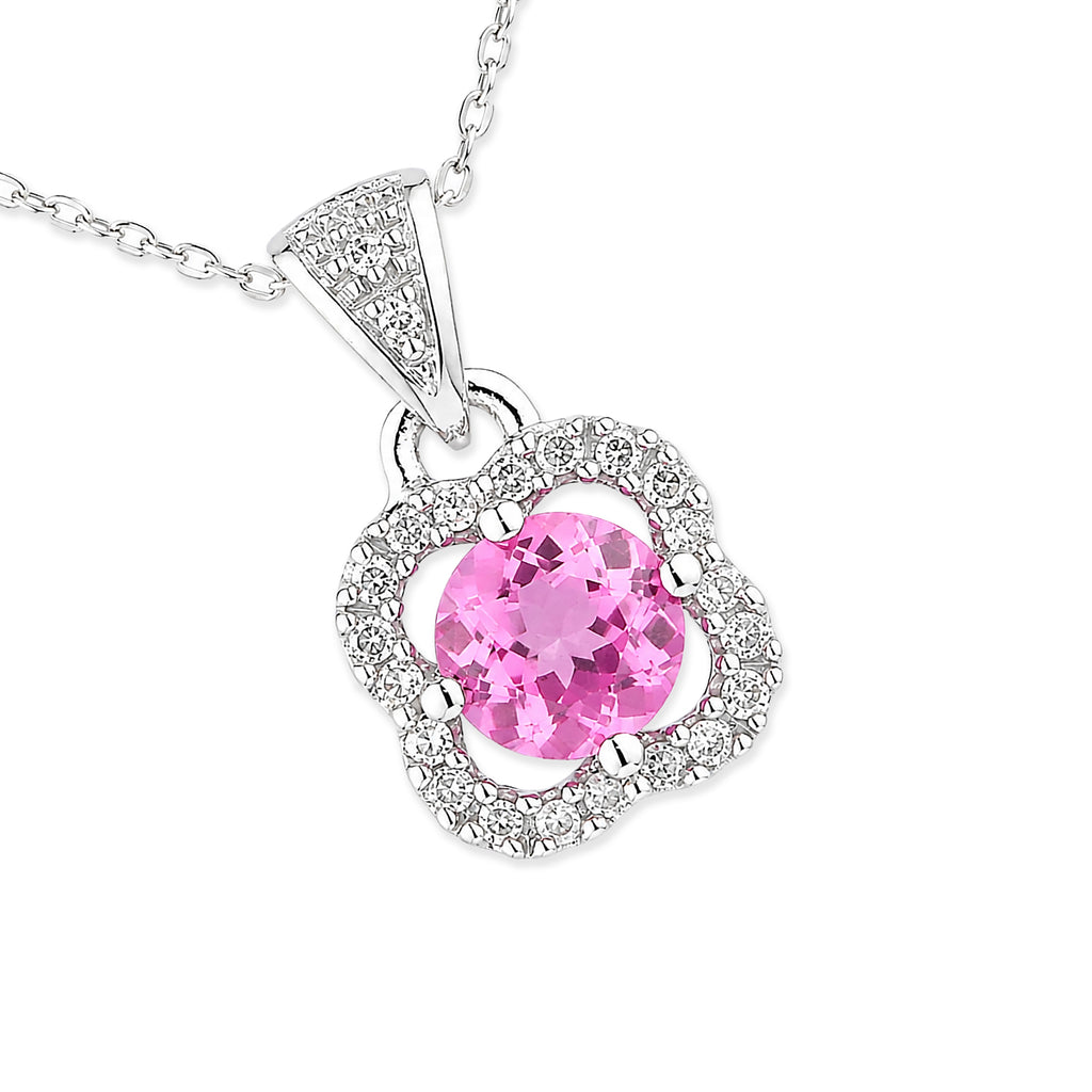 9ct White Gold Pink Sapphire and Diamonds Quatrefoil Pendant Necklace