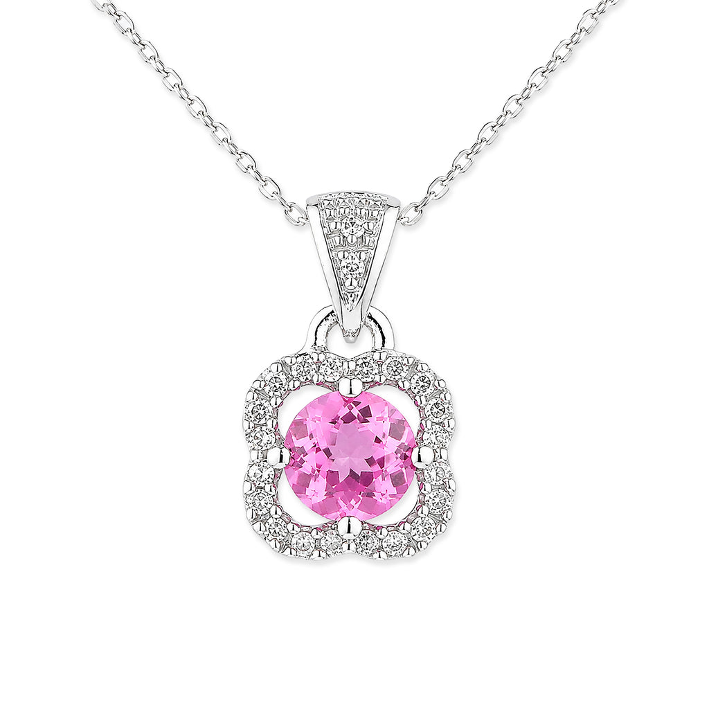 9ct White Gold Pink Sapphire and Diamonds Quatrefoil Pendant Necklace