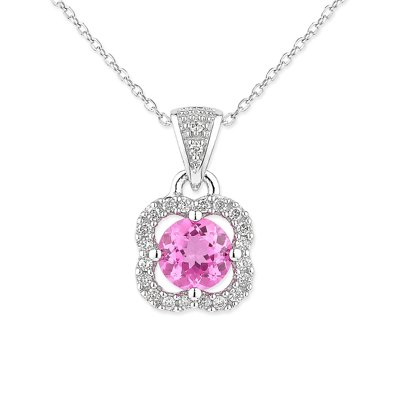 9ct White Gold Pink Sapphire and Diamonds Quatrefoil Pendant Necklace