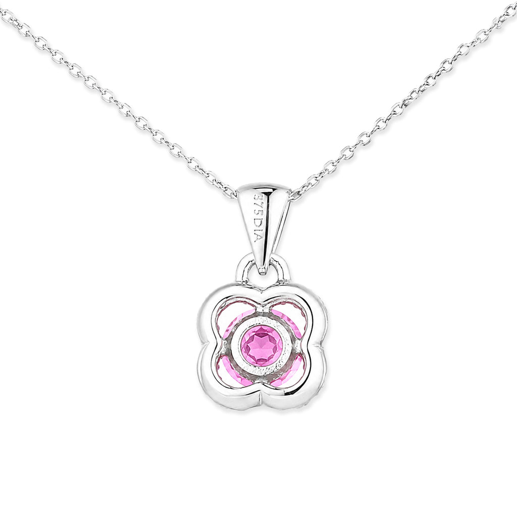 9ct White Gold Pink Sapphire and Diamonds Quatrefoil Pendant Necklace