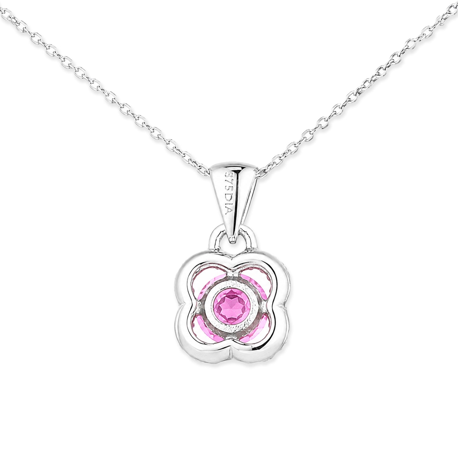 9ct White Gold Pink Sapphire and Diamonds Quatrefoil Pendant Necklace