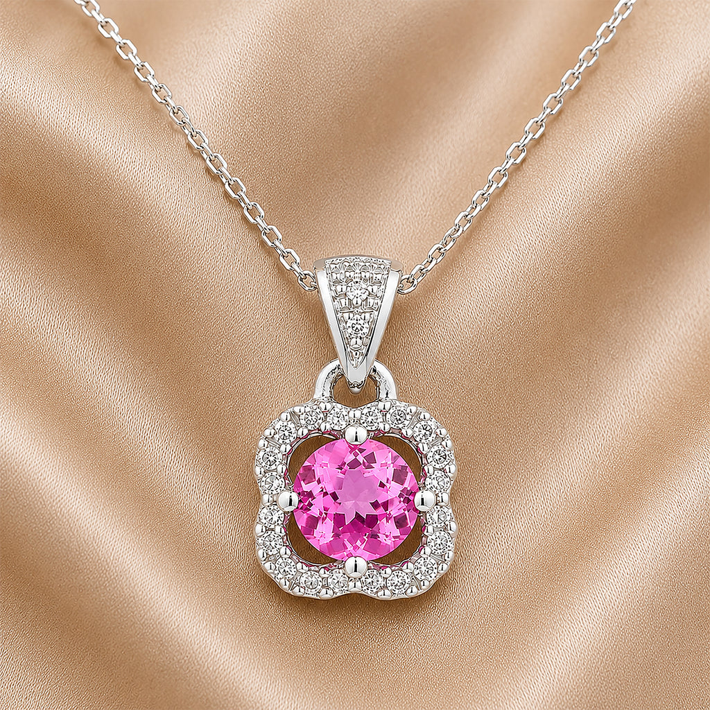9ct White Gold Pink Sapphire and Diamonds Quatrefoil Pendant Necklace