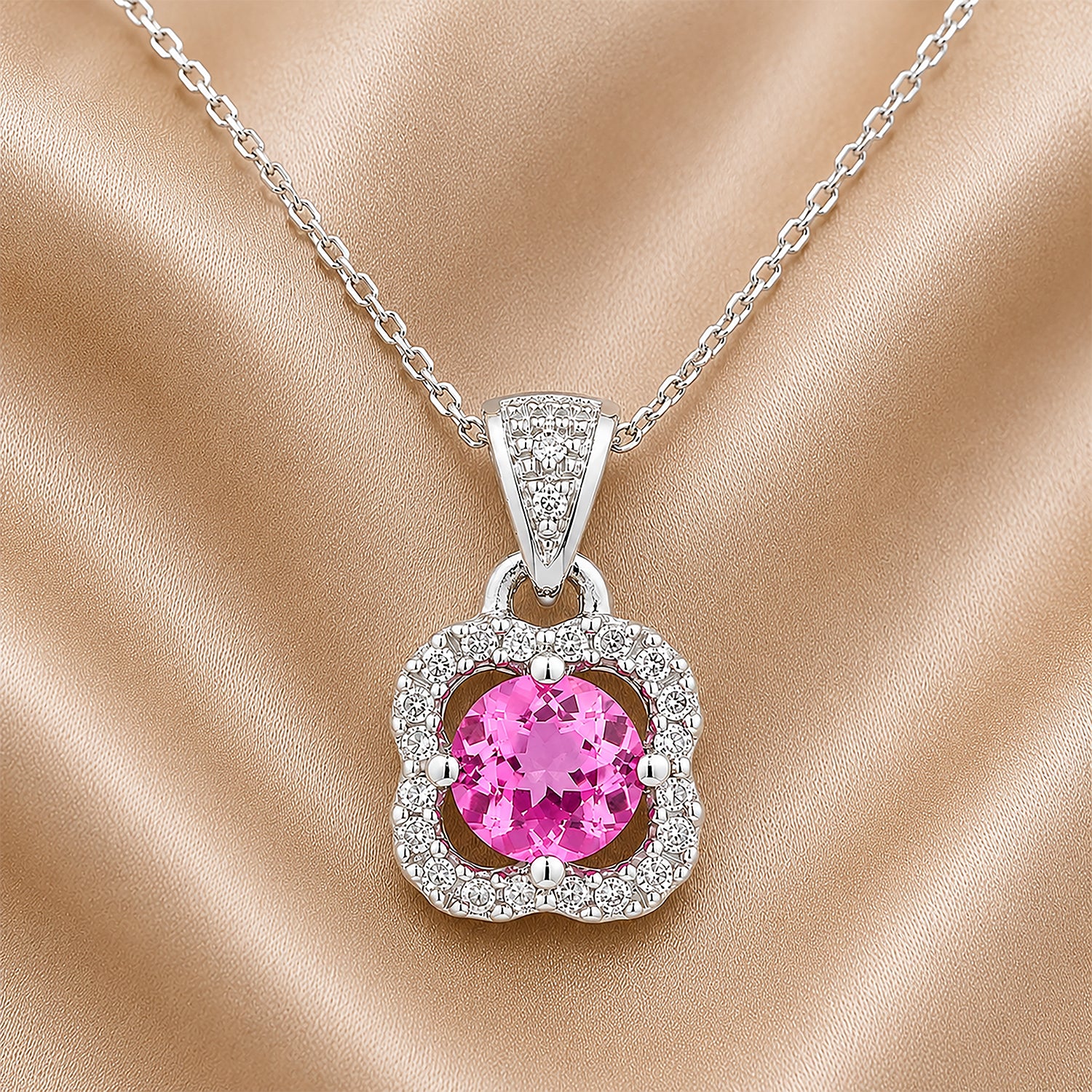 9ct White Gold Pink Sapphire and Diamonds Quatrefoil Pendant Necklace