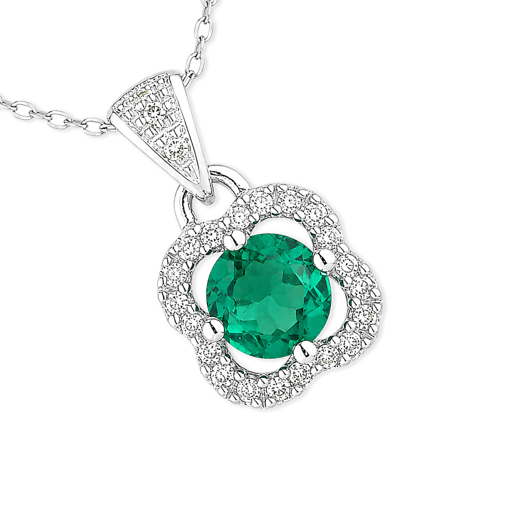 9ct White Gold Emerald and Diamonds Quatrefoil Pendant Necklace