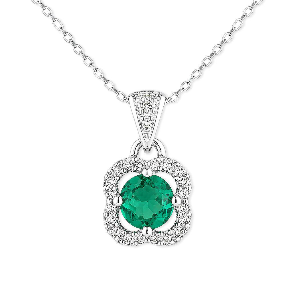 9ct White Gold Emerald and Diamonds Quatrefoil Pendant Necklace