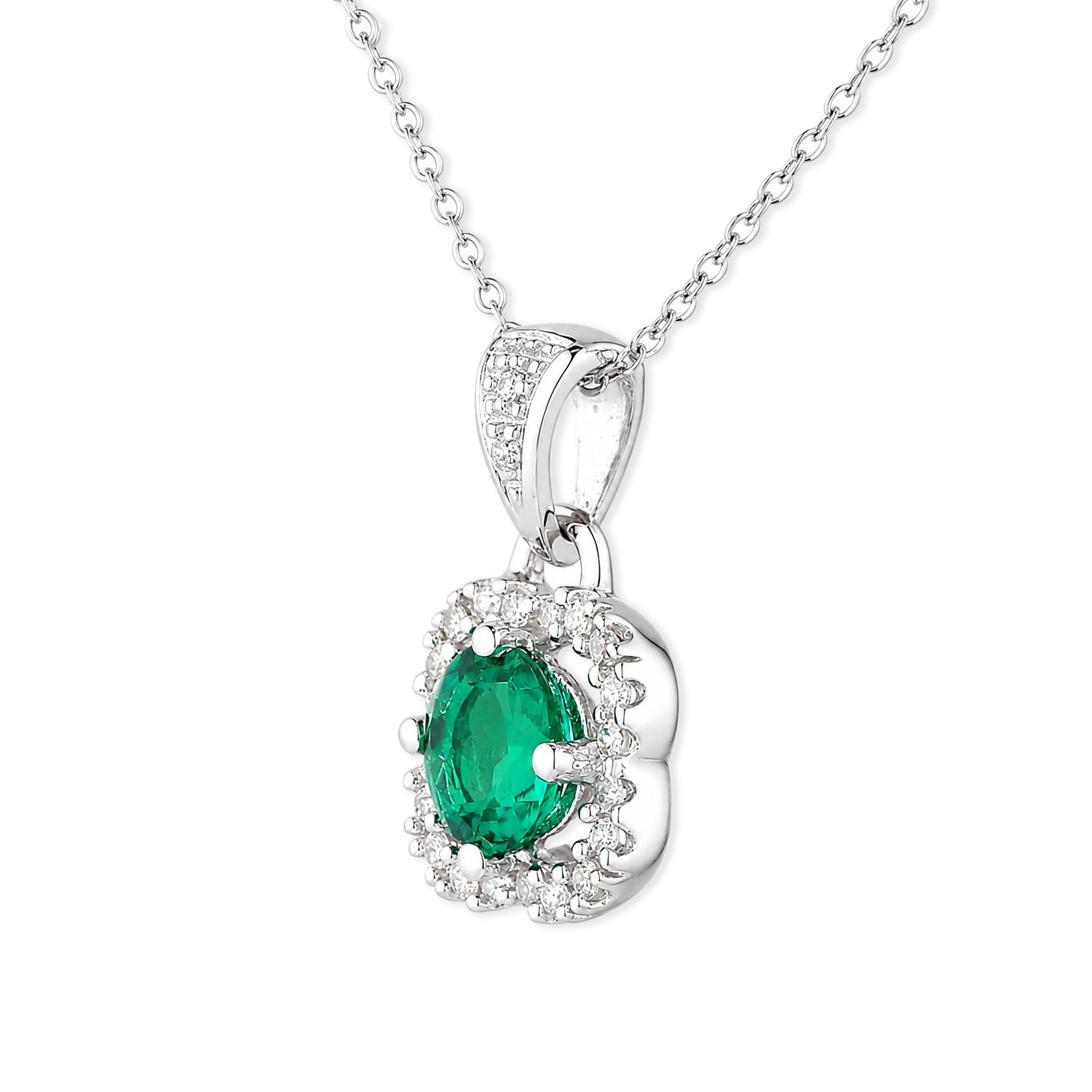 9ct White Gold Emerald and Diamonds Quatrefoil Pendant Necklace