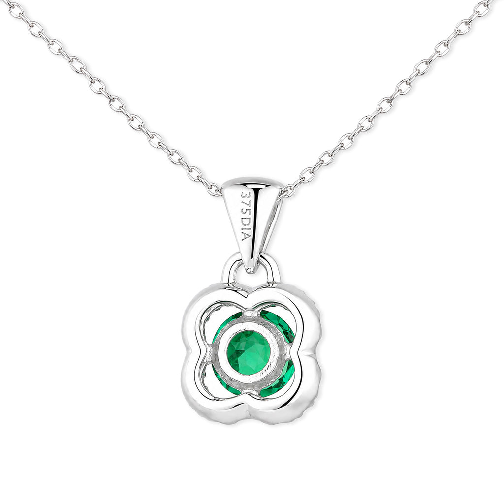 9ct White Gold Emerald and Diamonds Quatrefoil Pendant Necklace