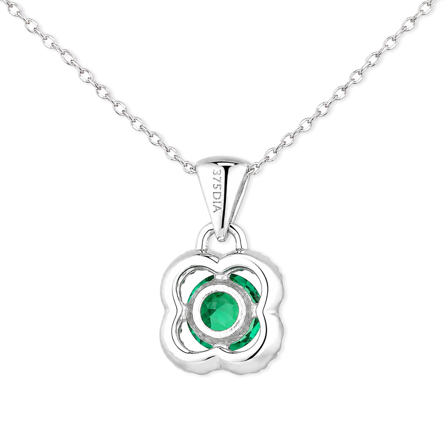9ct White Gold Emerald and Diamonds Quatrefoil Pendant Necklace