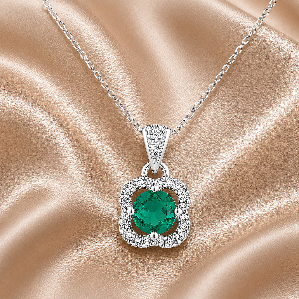 9ct White Gold Emerald and Diamonds Quatrefoil Pendant Necklace