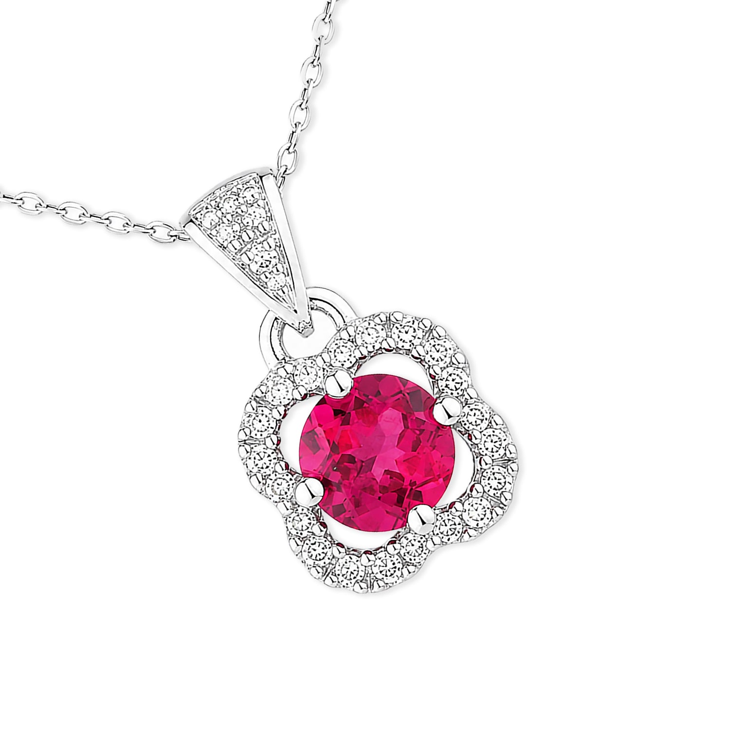 9ct White Gold Ruby and Diamonds Quatrefoil Pendant Necklace