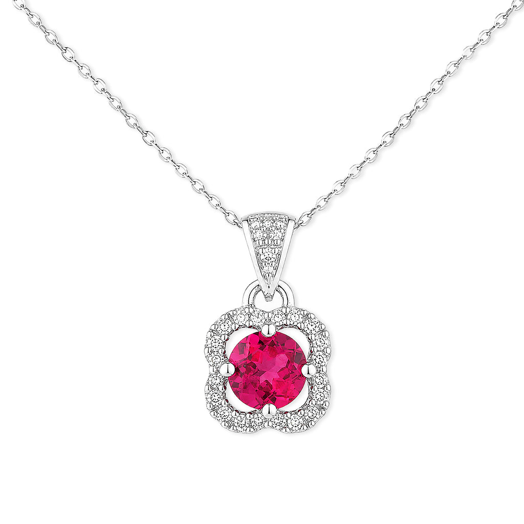 9ct White Gold Ruby and Diamonds Quatrefoil Pendant Necklace
