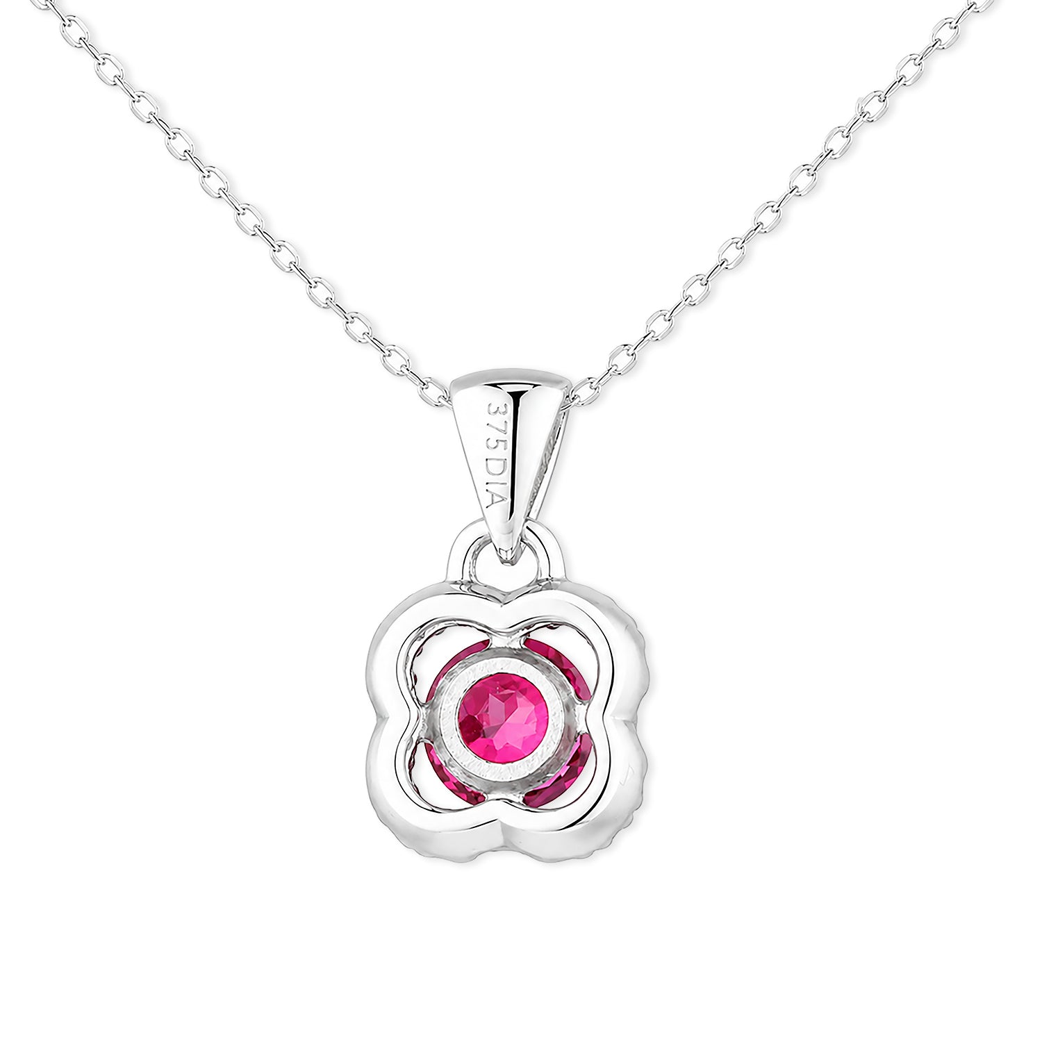 9ct White Gold Ruby and Diamonds Quatrefoil Pendant Necklace