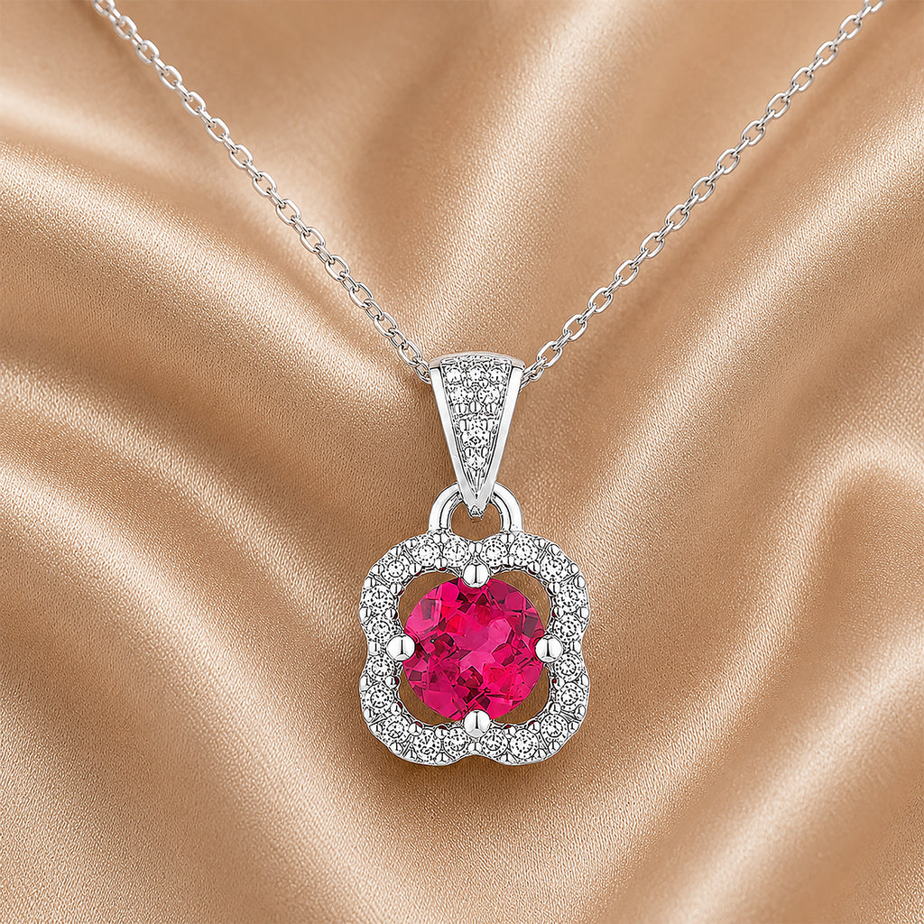 9ct White Gold Ruby and Diamonds Quatrefoil Pendant Necklace