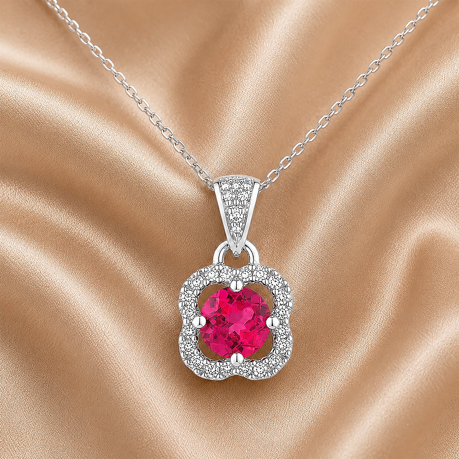9ct White Gold Ruby and Diamonds Quatrefoil Pendant Necklace