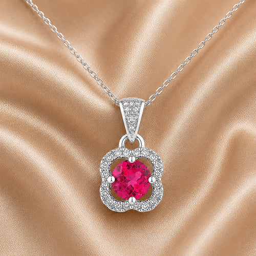 9ct White Gold Ruby and Diamonds Quatrefoil Pendant Necklace