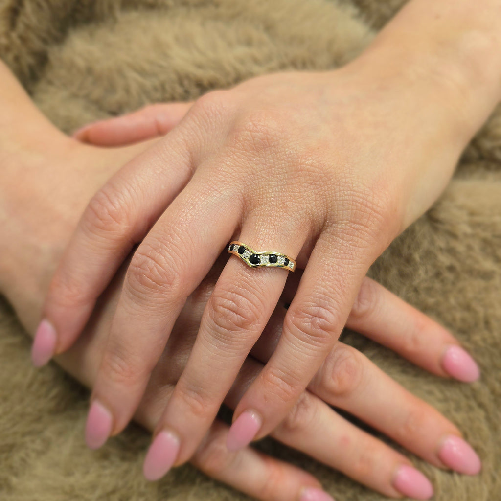 Round Natural Blue Sapphire and Diamond Wishbone Ring in 9ct Yellow Gold