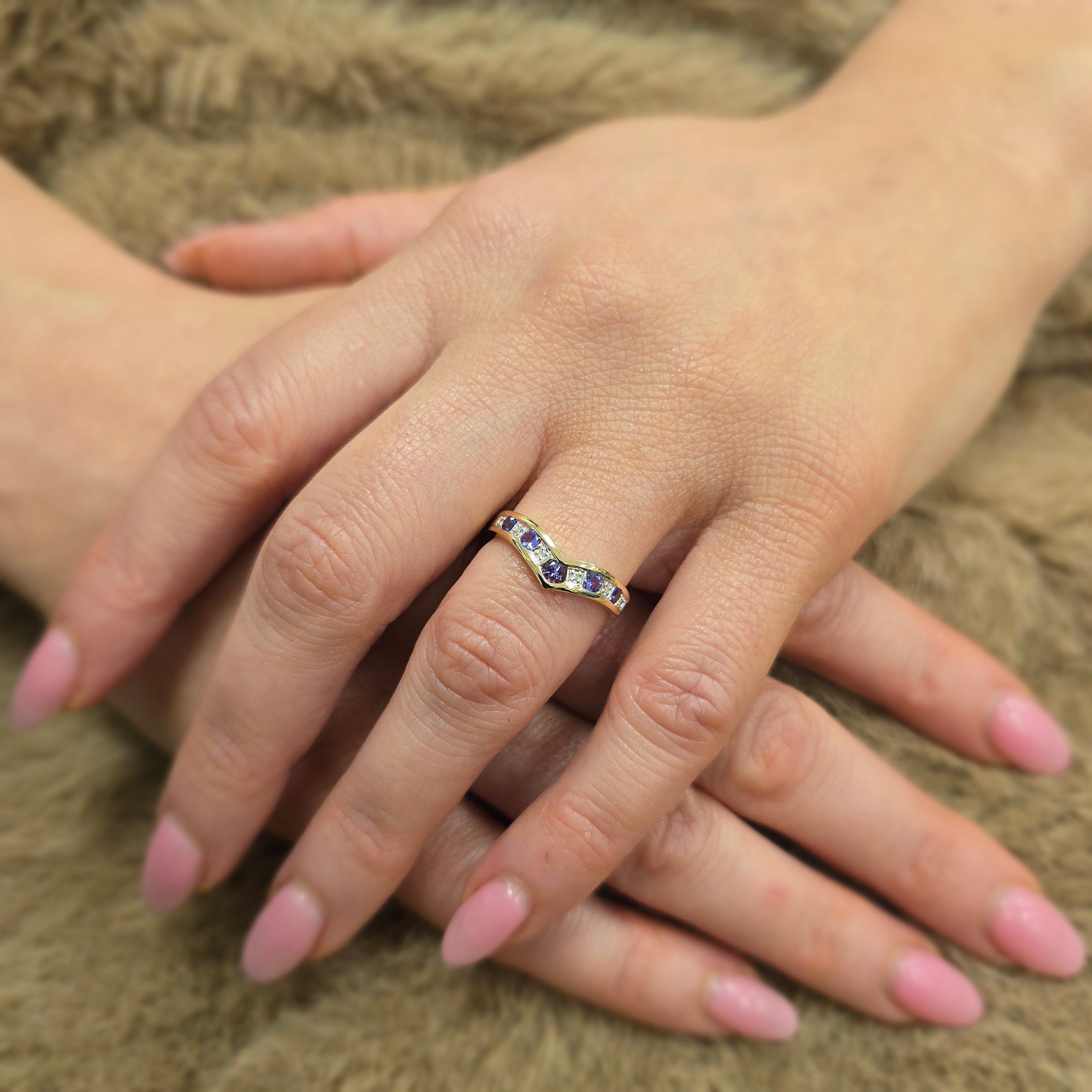 9ct Yellow Gold Tanzanite & 0.02ct Diamond Wishbone Ring