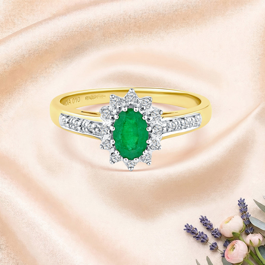 9ct Yellow Gold Emerald & Diamond Cluster Ring