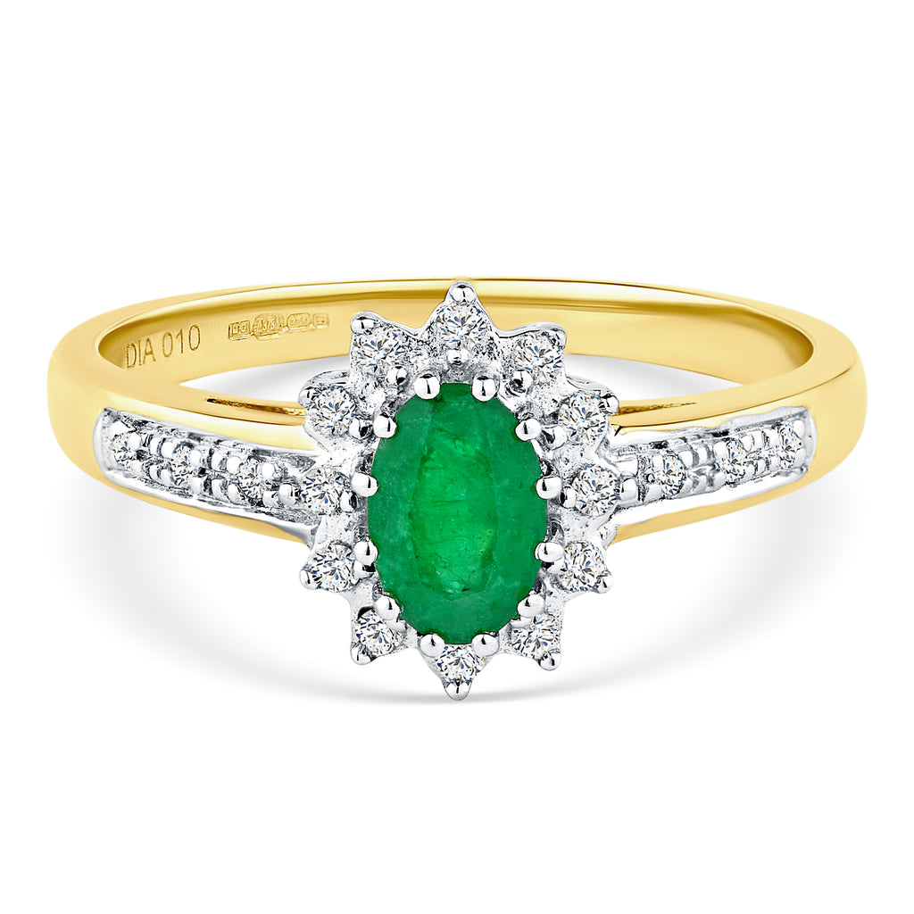 9ct Yellow Gold Emerald & Diamond Cluster Ring