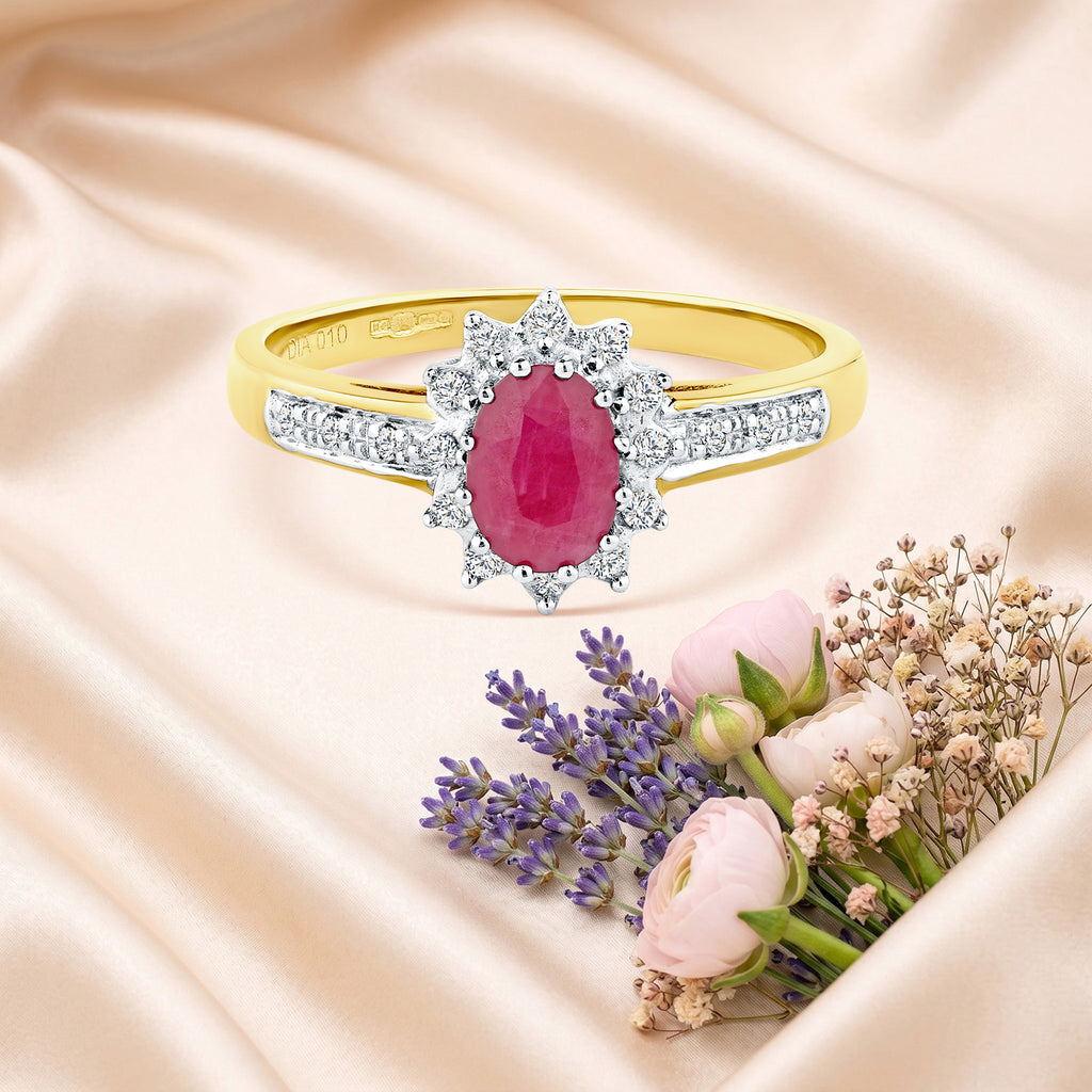 9ct Yellow Gold Ruby & Diamond Cluster Ring