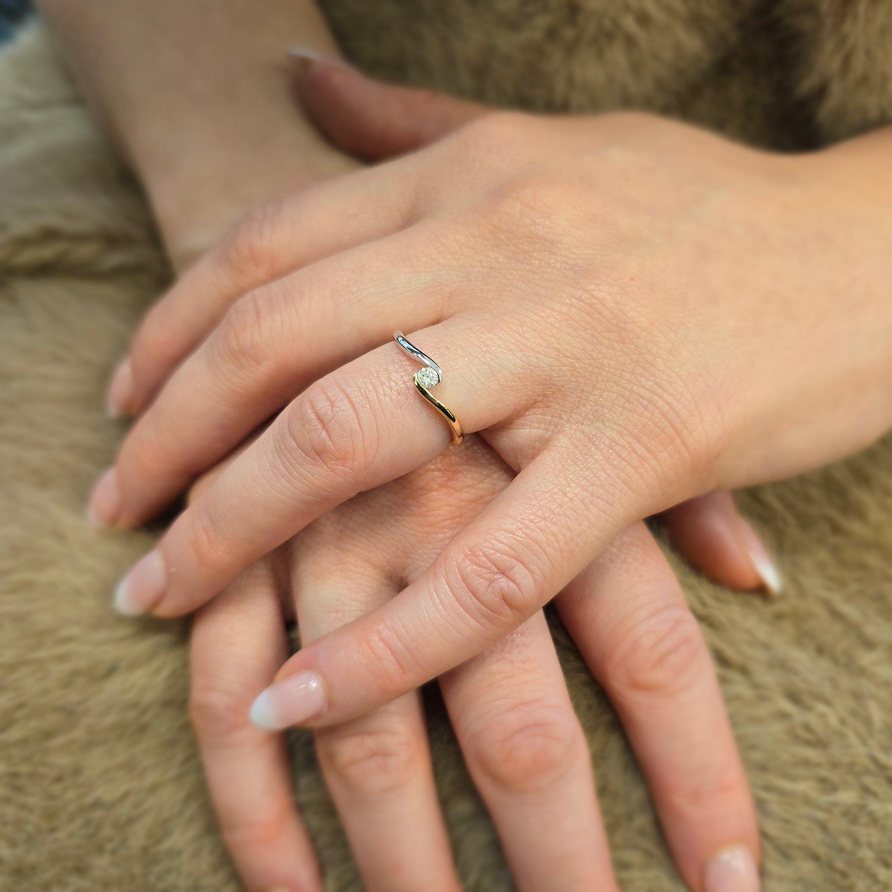 9ct Yellow and White Gold 0.10 Carat Natural Diamond Solitaire Bypass Engagement Ring