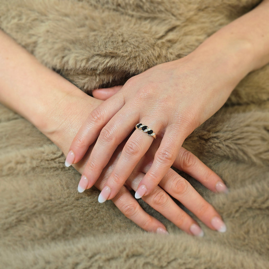 1.03 Ct Oval Natural Blue Sapphire and Diamond Infinity Trilogy Ring in 9ct Yellow Gold