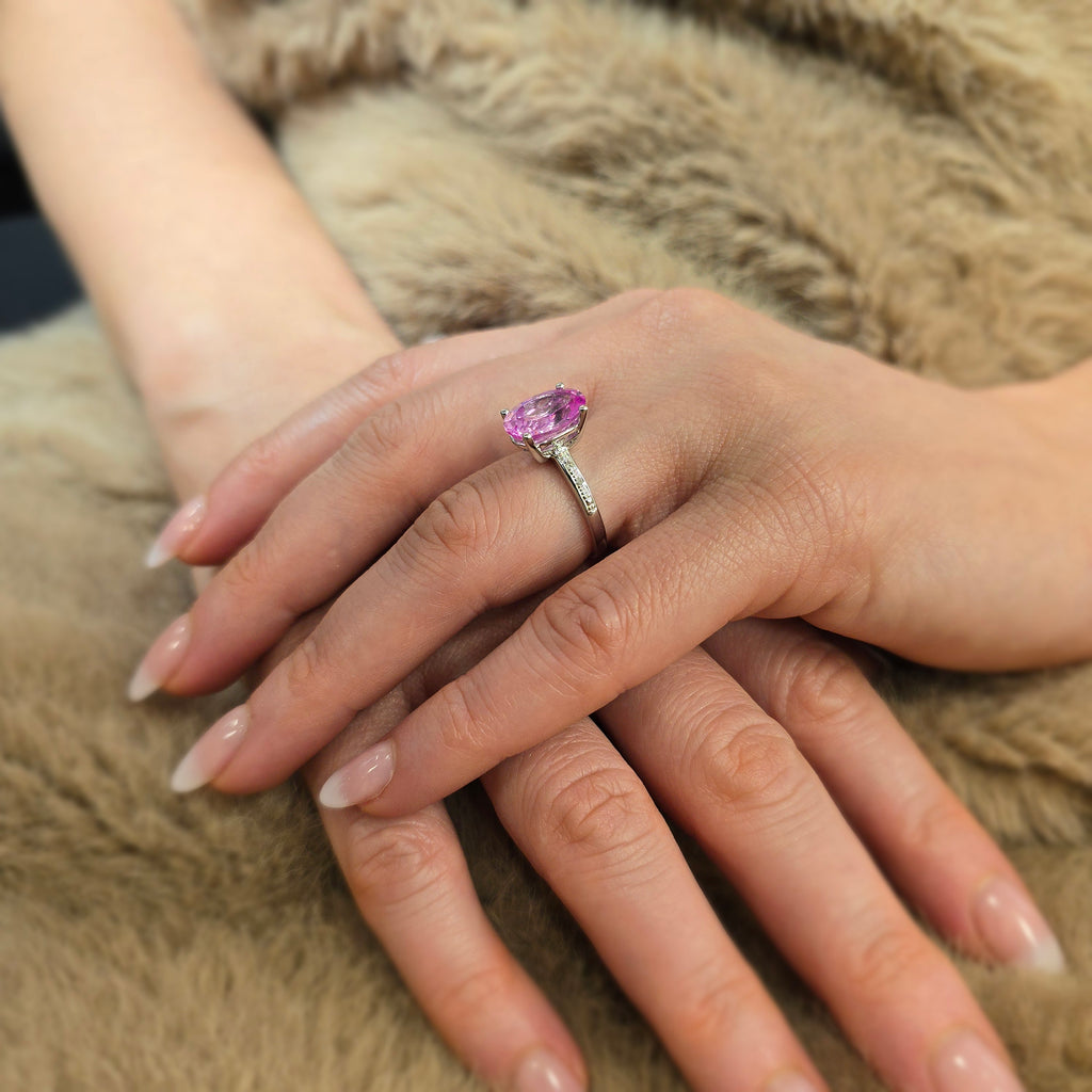 9ct White Gold Single Stone Pink Sapphire with 0.03ct Diamond Collette and Shoulders Ladies Ring