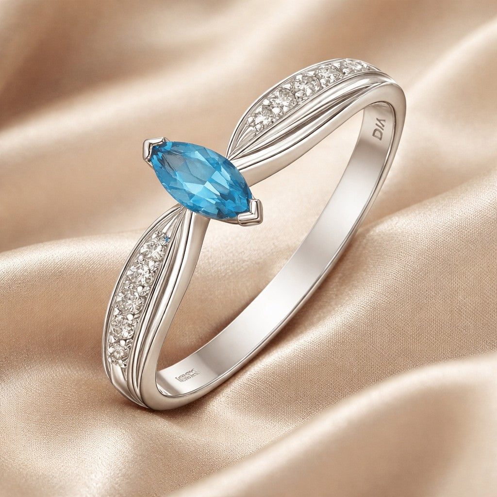 Ladies 9ct White Gold 0.03ct Diamond and Marquise Blue Topaz Ring