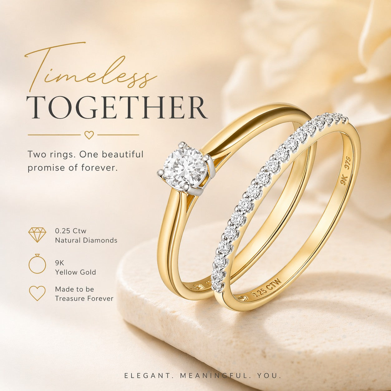 9ct Gold 0.25 Carat Natural Diamond Solitaire & Band Bridal Ring Set of 2
