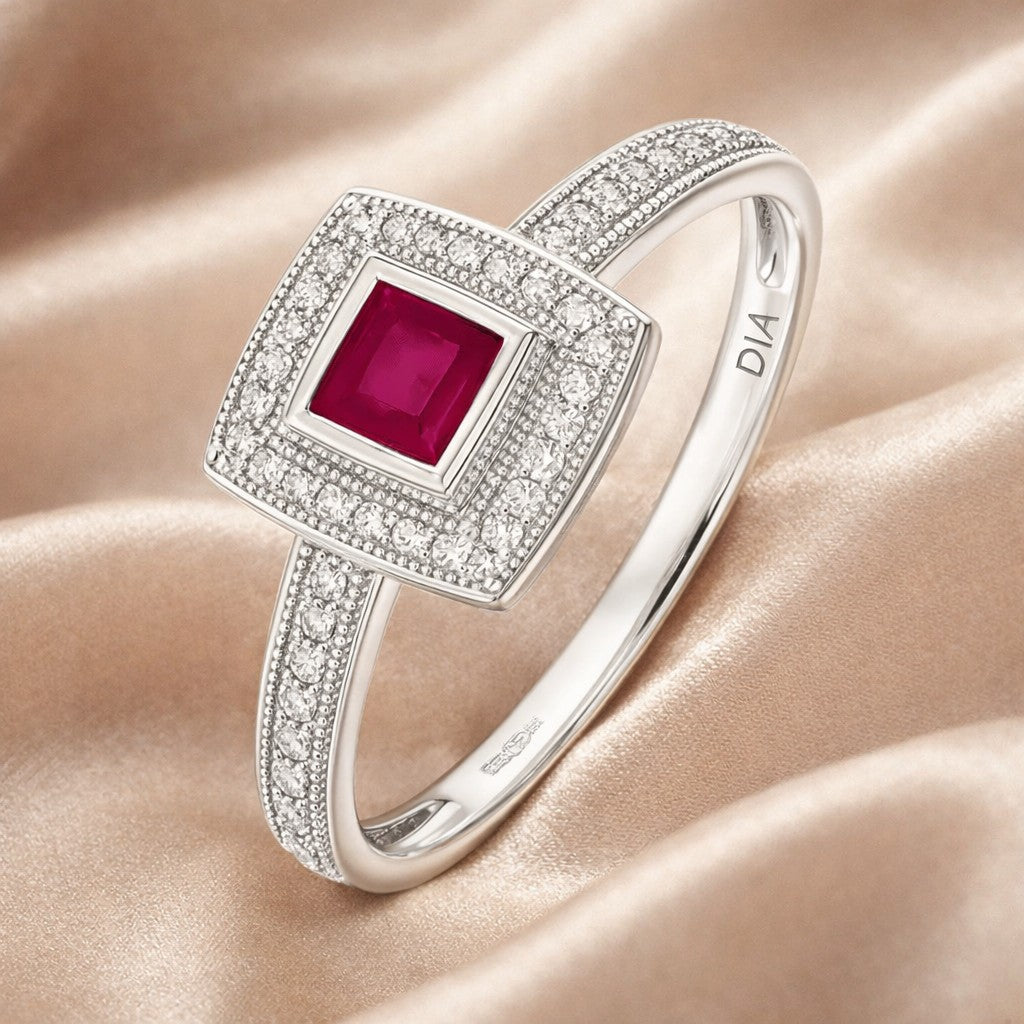 Ladies 9ct White Gold 0.02ct Diamond and Ruby Cluster Ring