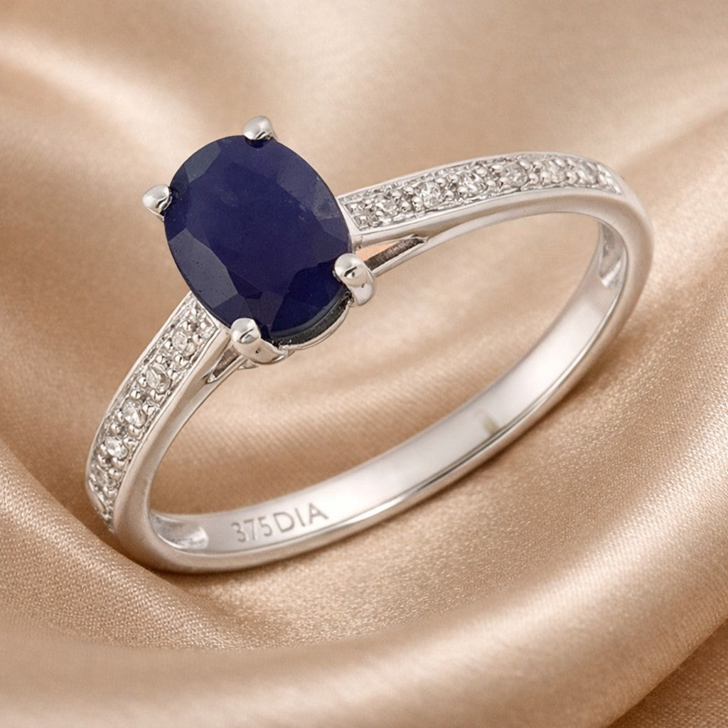 1.17 Ct Oval Natural Black Sapphire and Diamond Solitaire Engagement Ring in 9ct White Gold