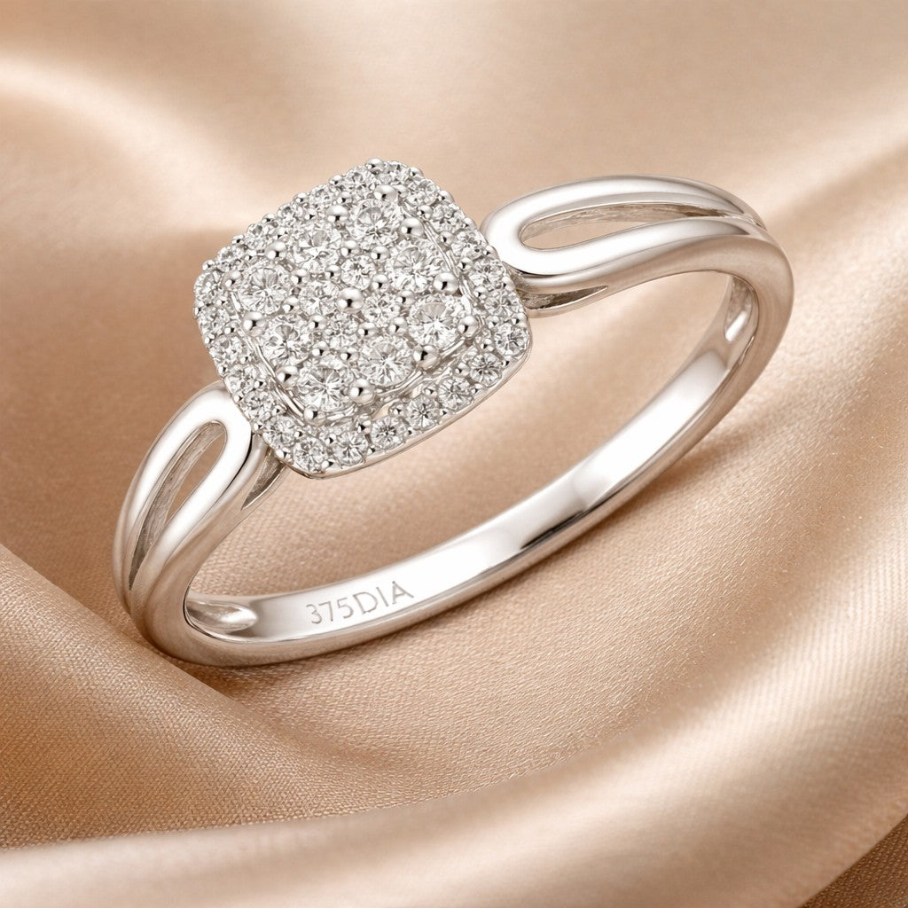 9ct White Gold 0.22 Carat Natural Diamond Cluster Cushion Ring