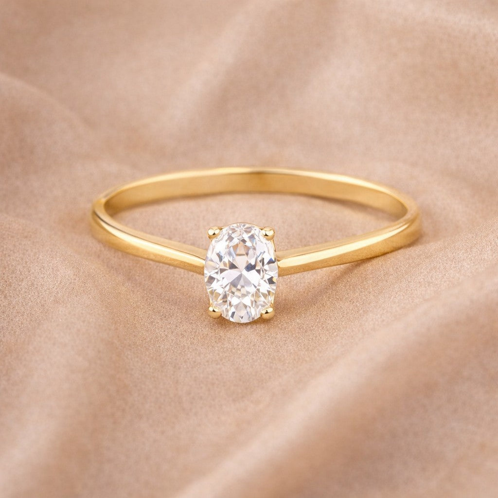 9ct Yellow Gold Solitaire Engagement Ring Oval Shape CZ Stone