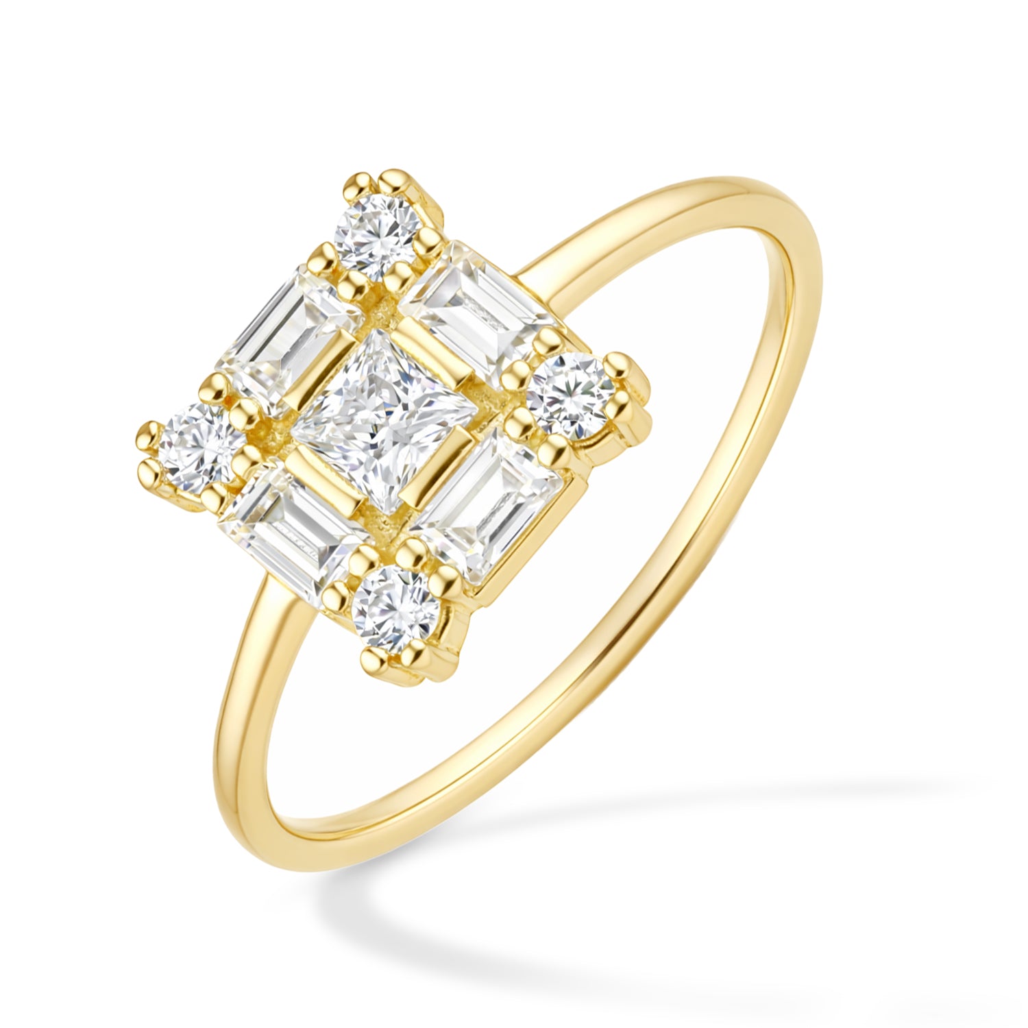 9ct Yellow Gold CZ Baguette Square Cluster Ring