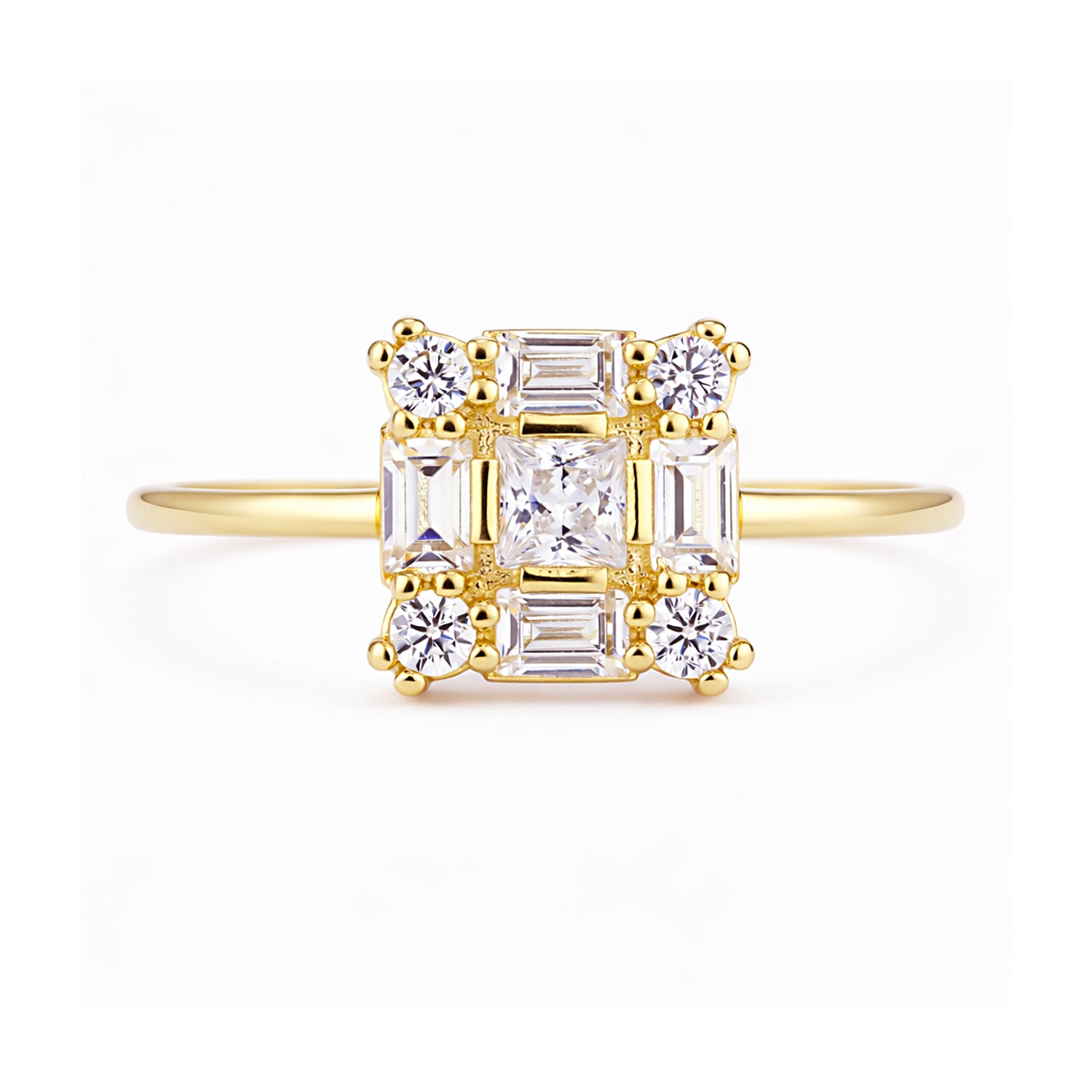 9ct Yellow Gold CZ Baguette Square Cluster Ring
