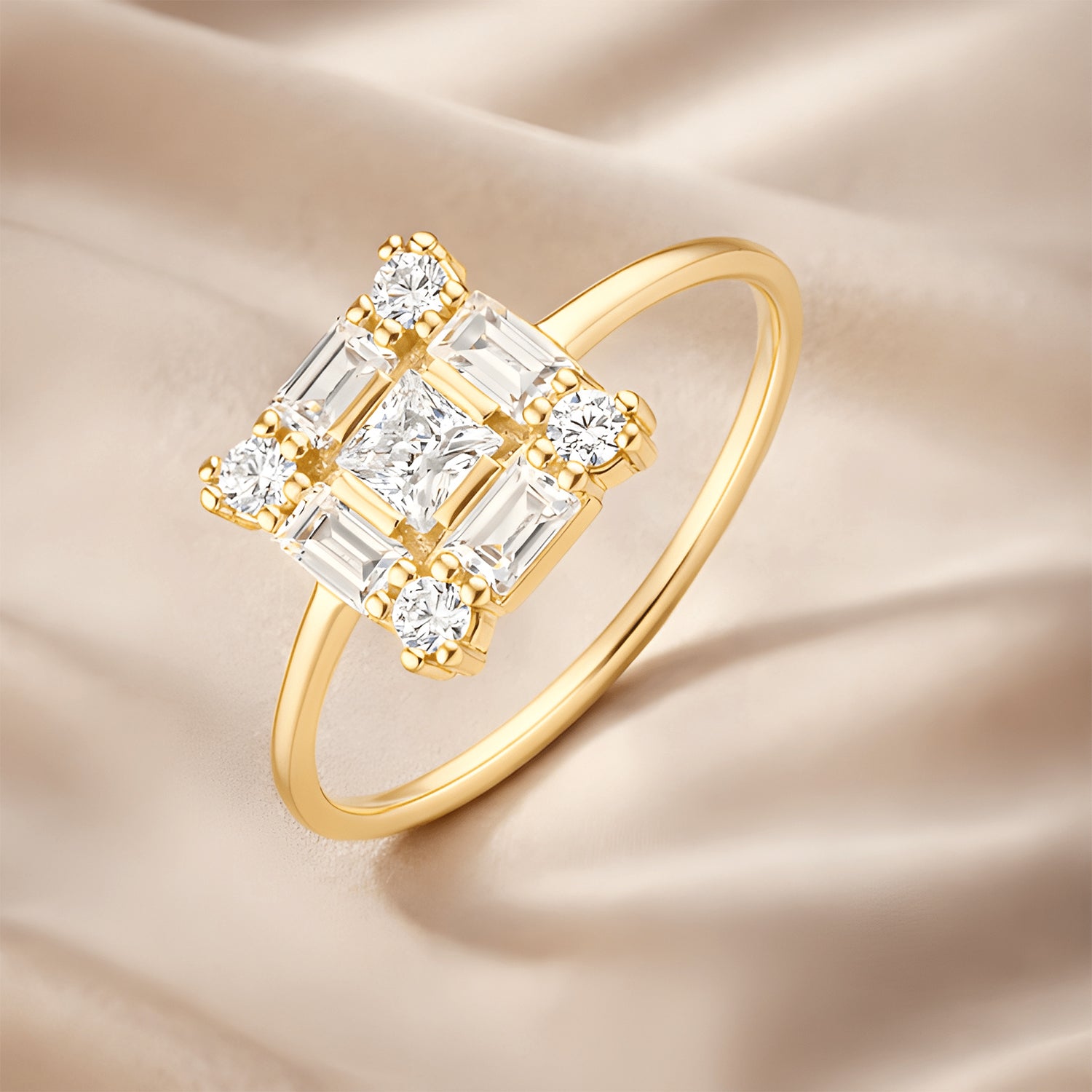 9ct Yellow Gold CZ Baguette Square Cluster Ring